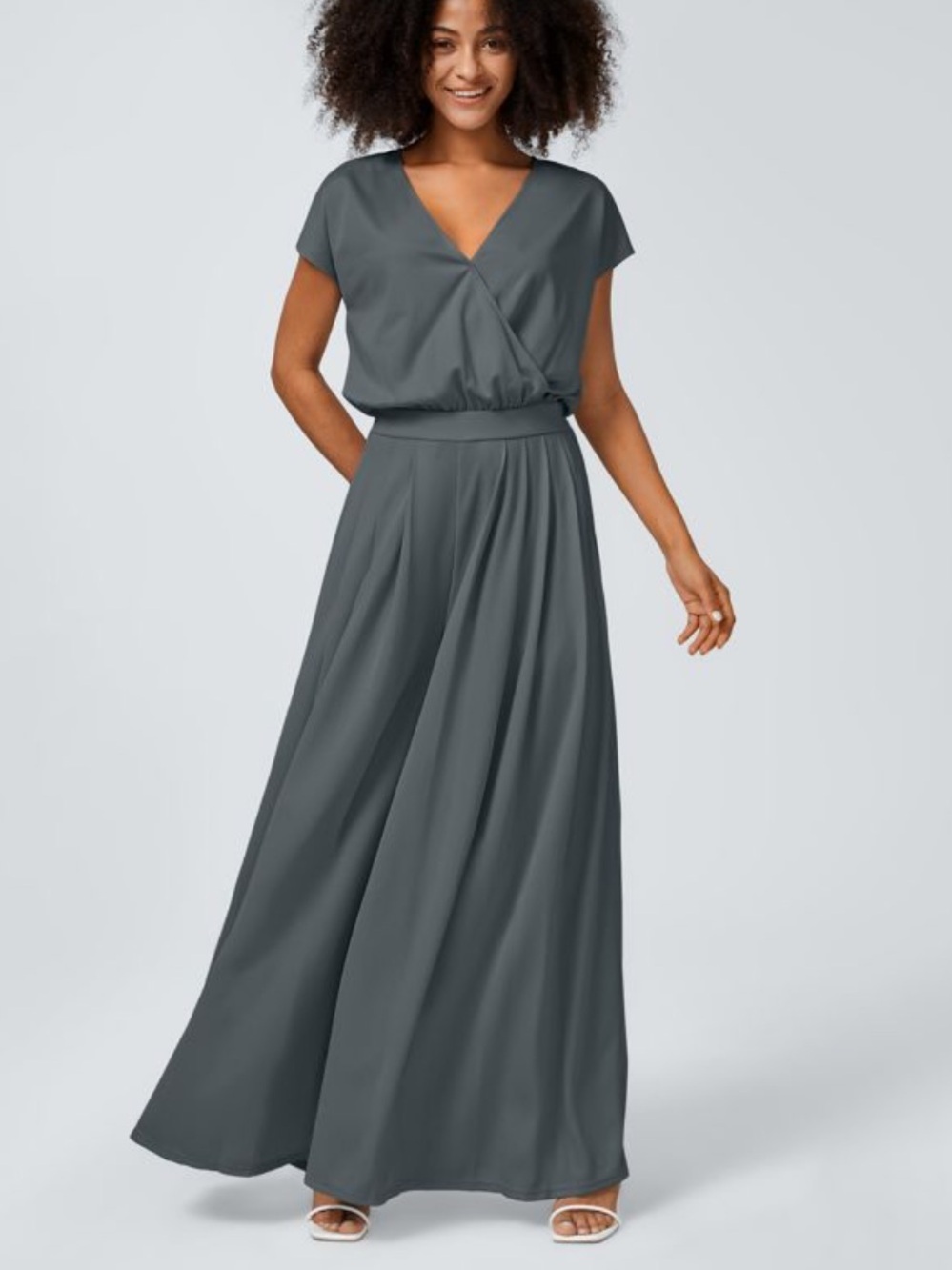 NWOT Halara Grey V Neck Short Sleeve Wide Leg Flowy Waffle Casual Jumpsuit